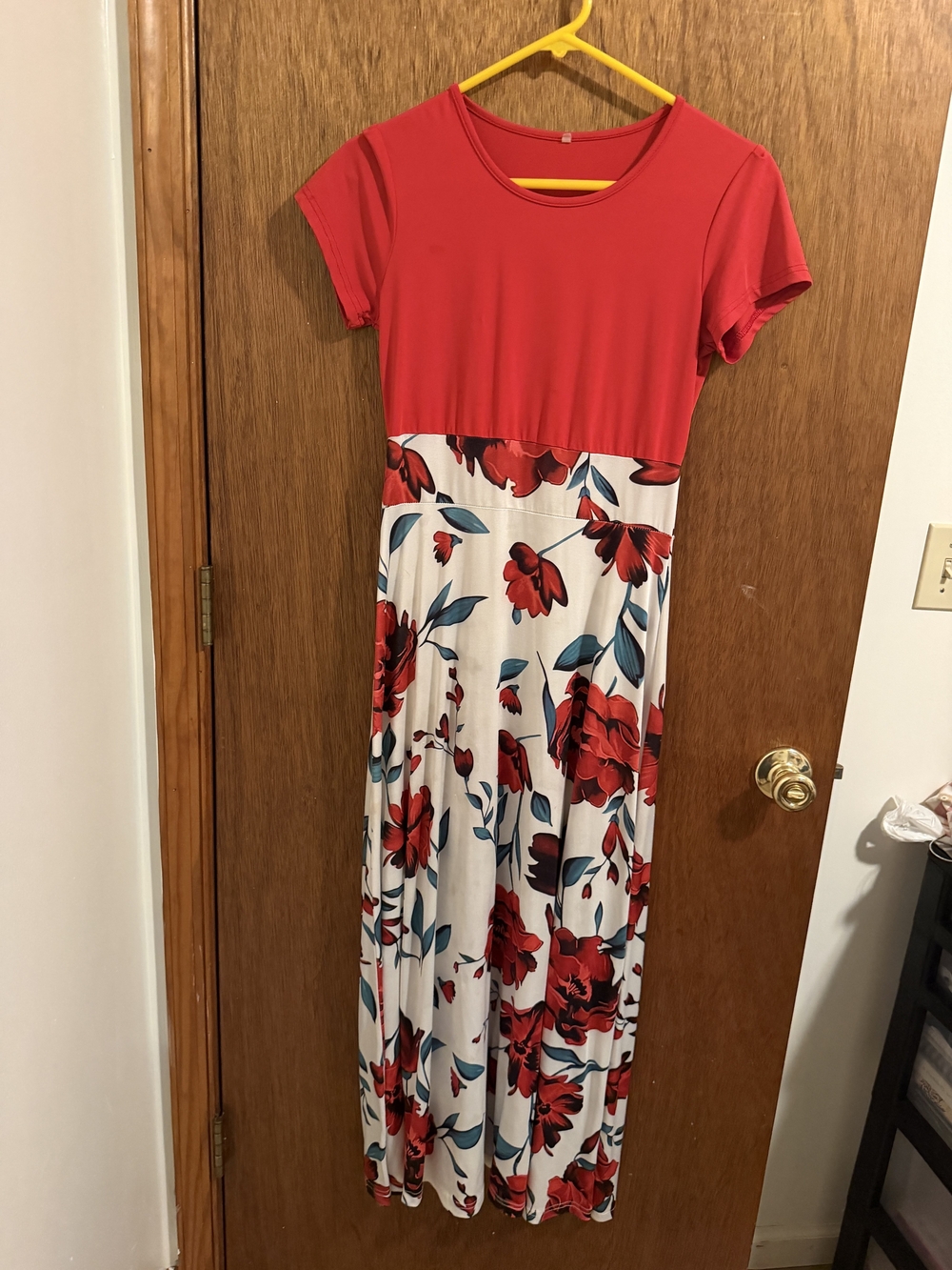 SHEIN Red Bodice White Maxi Dress with Red Floral Pattern